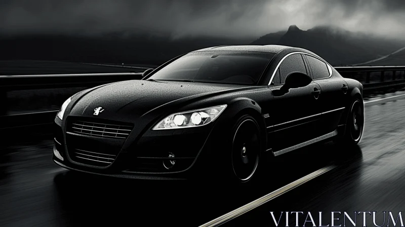 Black Car Driving Down a Dark Street - Monochromatic Elegance AI Image