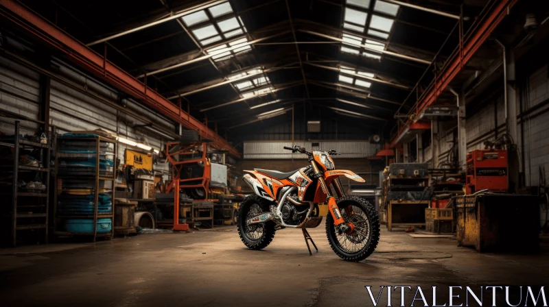Highly Realistic Orange Dirt Bike in Warehouse - Dynamic Outdoor Shot AI Image