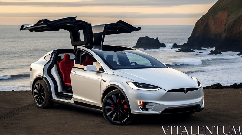 Tesla Model X on the Beach: A Captivating Fusion of Masculine and Feminine Elements AI Image