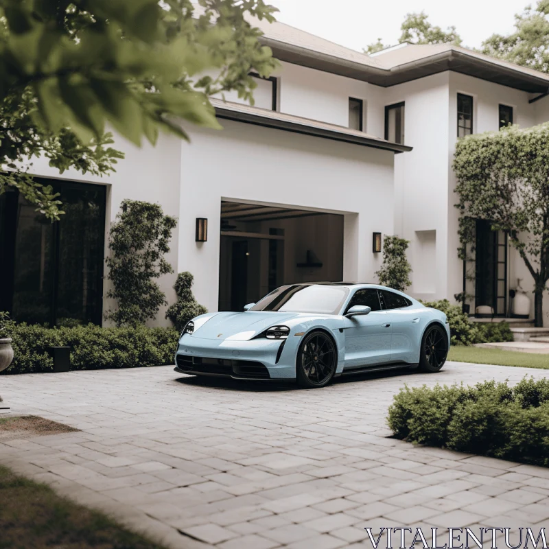 Elegant Blue Porsche Cayman Parked in Front of a Grand House AI Image