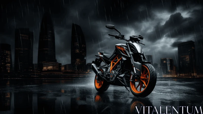 Orange Motorcycle in the Rain | Dark Silver and Black | Knightcore AI Image