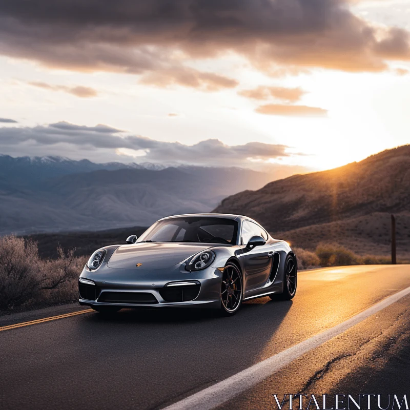 Silver Porsche Cayman on Mountain Road at Sunset AI Image