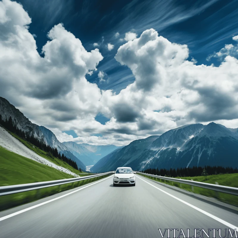 Ethereal Cloudscapes: A Stunning Mountain Landscape with a Car on a Highway AI Image