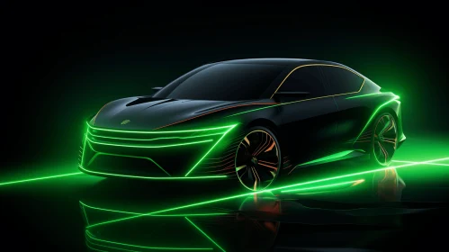 Futuristic Car with Green Lights | Bold Lines | Ancient Chinese Art