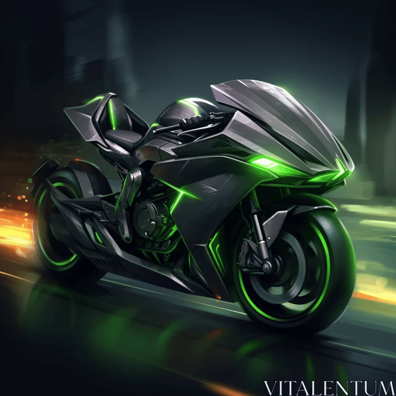 Futuristic Motorcycle with Green Lights | Vibrant City Night Scene AI Image