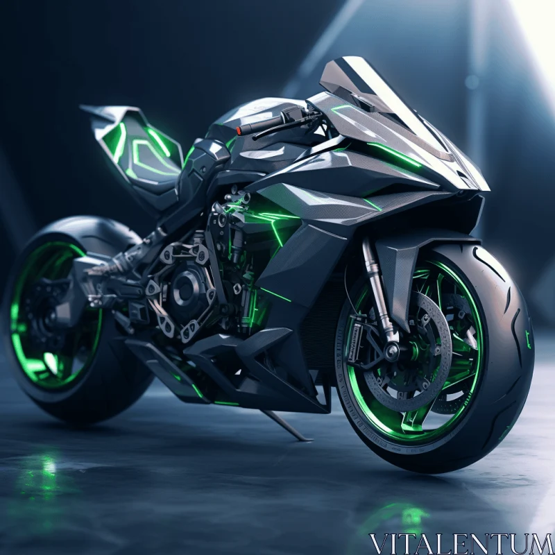 Black Motorcycle with Green Lights - Realistic Renderings of Human Form AI Image