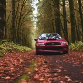 Captivating Red Subaru Rally Car in Enchanting Autumn Woods