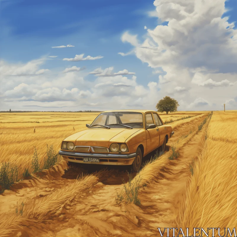 Yellow Car in Field: A Captivating Realistic Painting AI Image