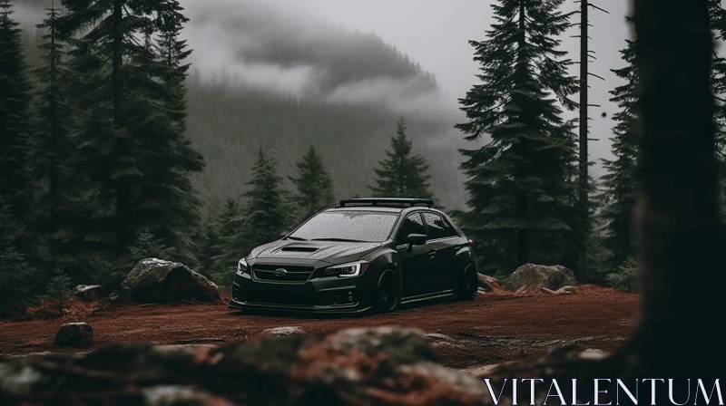 Black Car in a Foggy Forest: Captivating Adventure Themed Image AI Image