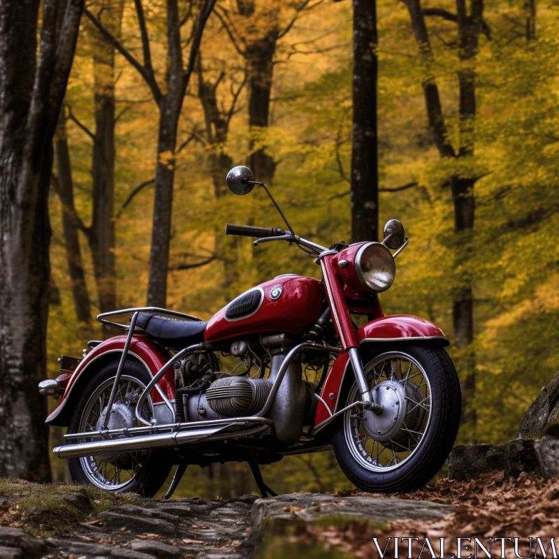 Red Motorcycle Parked on Rock in Forest | Timeless Elegance AI Image