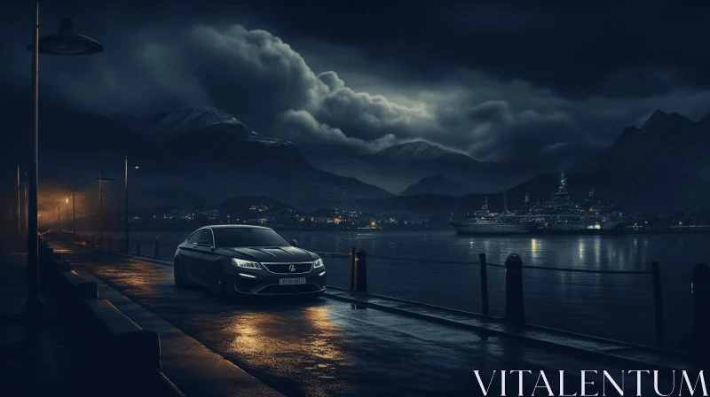 Black Car on Pier at Night: Immersive Matte Painting in Norwegian Nature AI Image