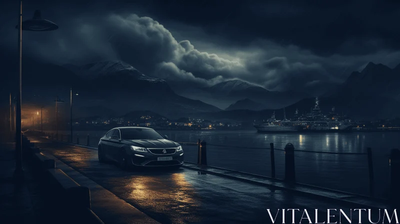 AI ART Black Car on Pier at Night: Immersive Matte Painting in Norwegian Nature