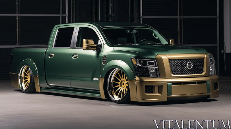 Luxurious Green and Gold Nissan Titan Truck in a Garage AI Image