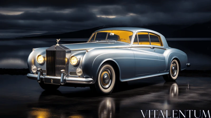 AI ART Exquisite Vintage Silver Car in Dark Sky-Blue and Light Gold | Fine Lines and Delicate Curves