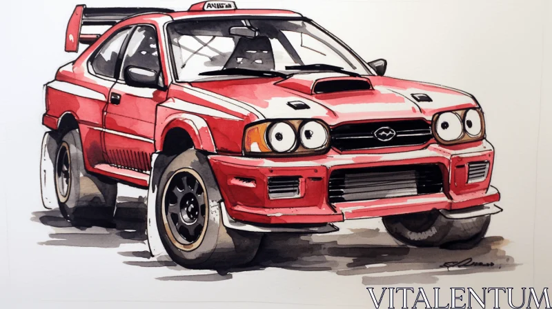 Captivating Drawing of a Red Subaru in Ink and Wash Style AI Image