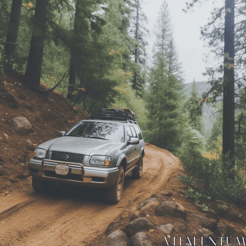 Enchanting Forest Journey: Silver SUV on a Dirt Road | Olympus XA2 Style AI Image