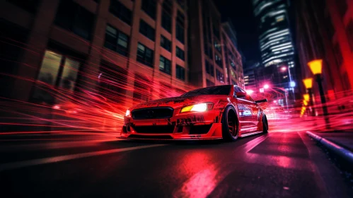 Hyper-realistic Red Car Moving in the Street at Night