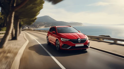 Red Renault SUV Driving on Road with Ocean View | Bold Graphics