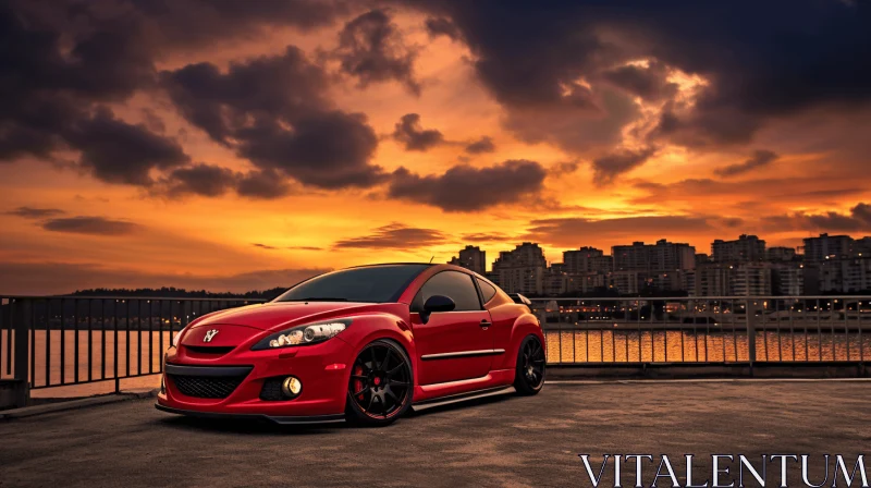Captivating Red Car Parked in Front of a Stunning Sunset AI Image