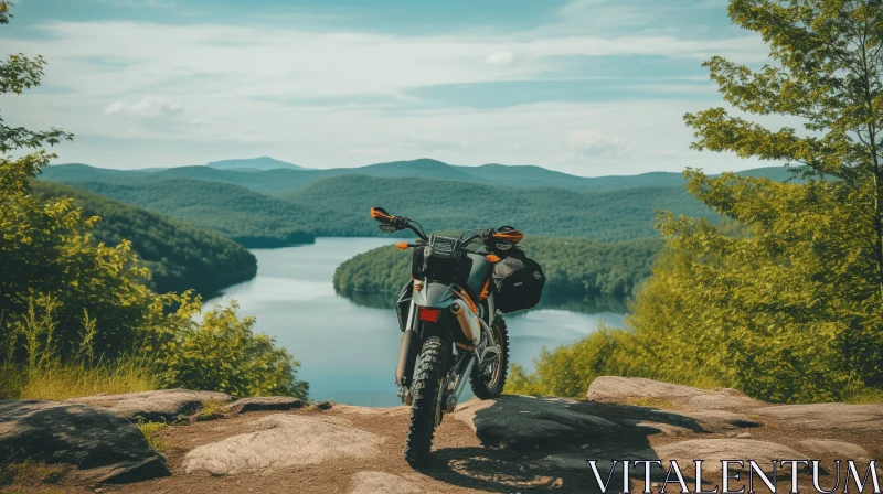 Motorcycle on Rocks Overlooking Lake - Adventure Themed AI Image