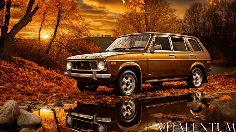 Enchanting Autumn Reflection: An Ancient Car in Dark Orange and Light Brown AI Image