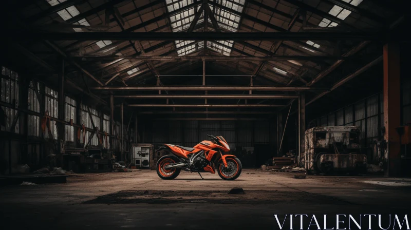 Captivating Orange Motorcycle in an Old Warehouse - Dramatic Lighting AI Image