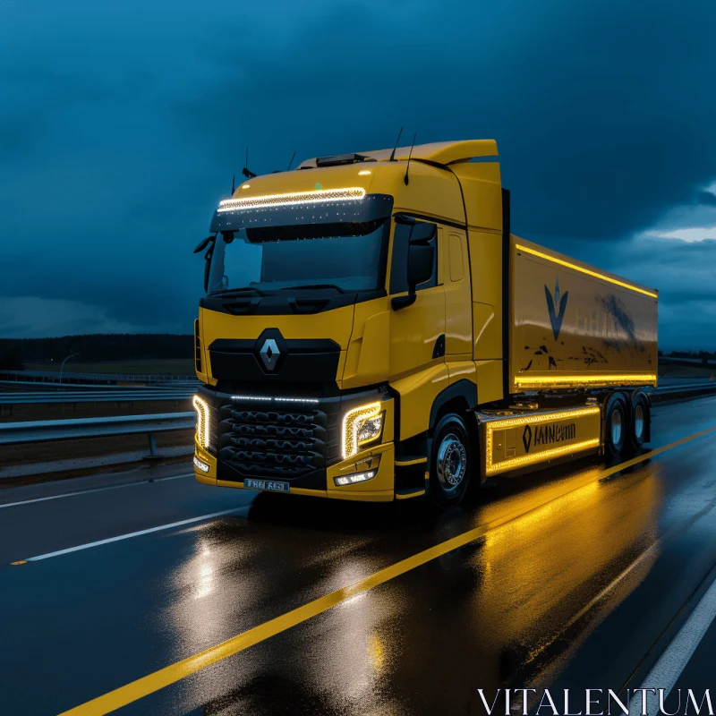 Vibrant Yellow Truck on Wet Road | Dynamic Energy | Illuminated Interiors AI Image