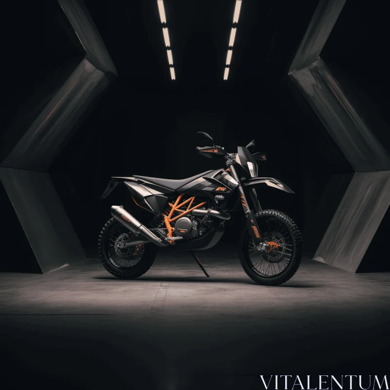Motorcycle Parked in Dark Room with Orange Skyscraper - High Resolution AI Image