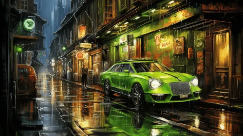 Captivating Green Car Artwork | Richly Detailed Genre Paintings