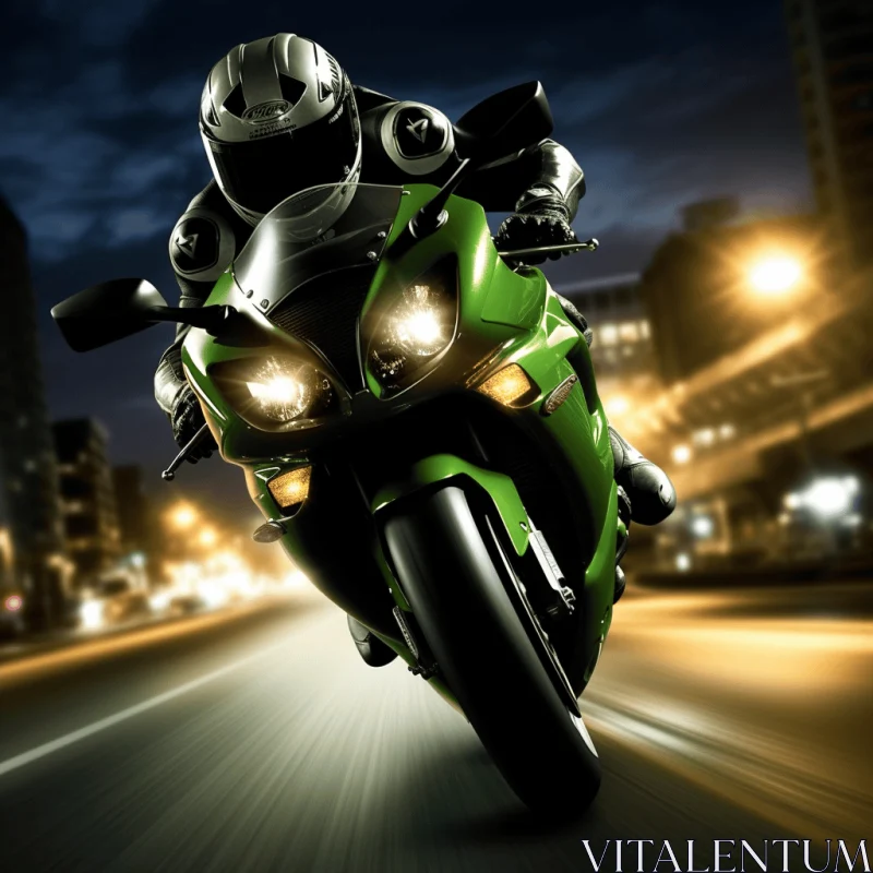 Sleek Metallic Motorcycle Speeding Through City Streets at Night AI Image