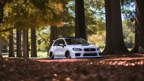 White Subaru Car in Enchanting Woods with Autumn Leaves