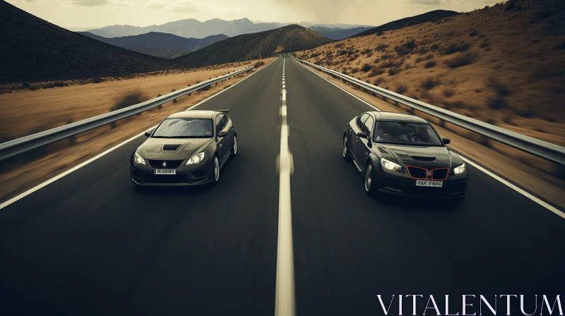 Dark Gray and Dark Black Cars on Desert Road - Performance-oriented and Lifelike Artwork AI Image