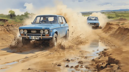 Vintage Blue Car Driving on a Dirt Road - Soviet Social Realism