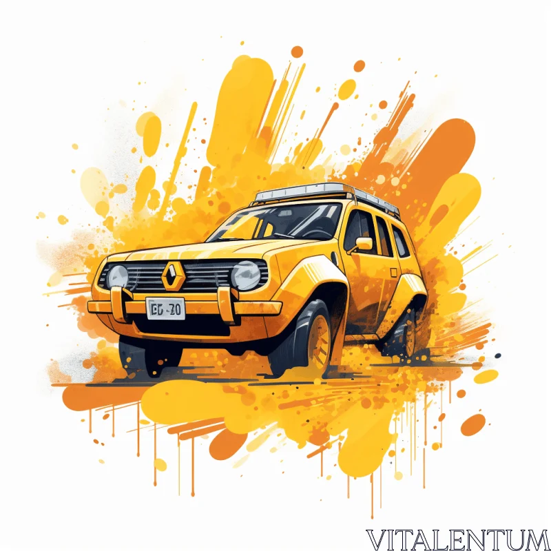 Yellow Adventure-Themed Car: Watercolor Painting AI Image