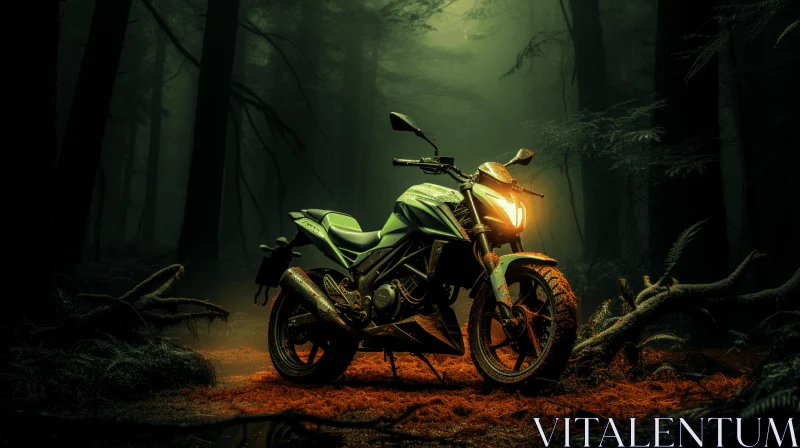 Green Motorcycle in the Forest - Realistic Still Life with Dramatic Lighting AI Image