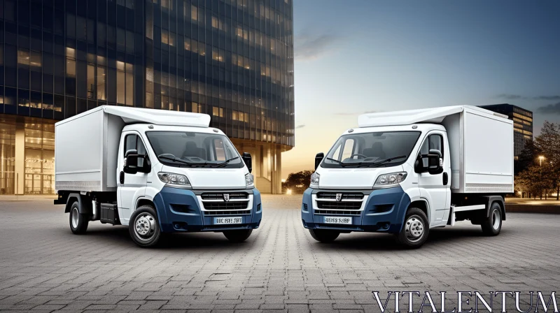 White and Blue Delivery Trucks in Front of a Brick Building AI Image