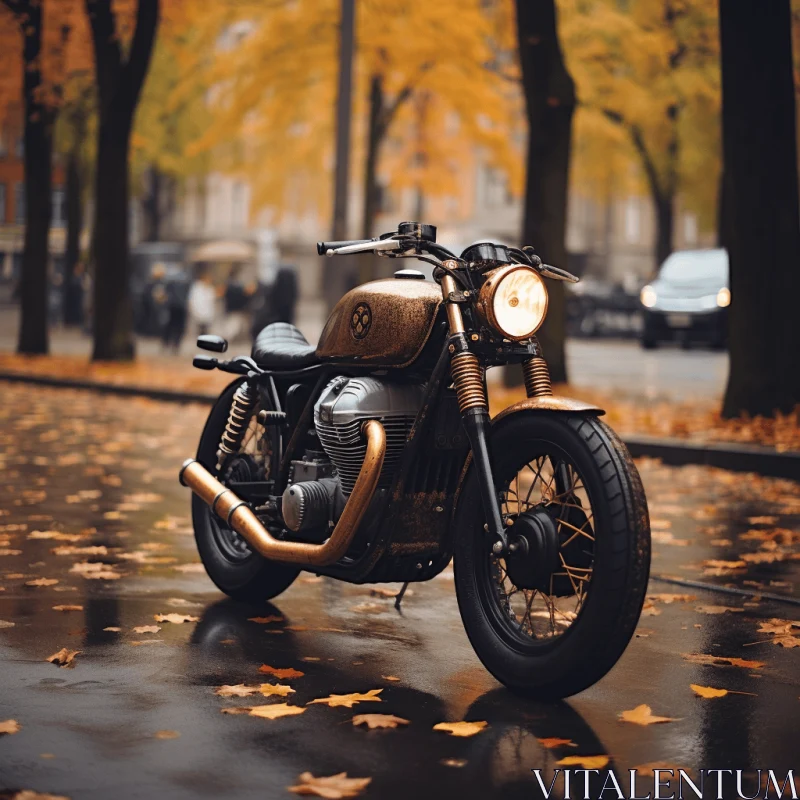 Dark Gold Motorcycle Parked on Street in Fall - Industrial-inspired Design AI Image