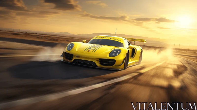 Yellow Racing Car Driving at Sunset | Exquisite Craftsmanship AI Image