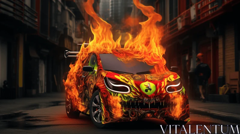Burning Car Art: Vibrant Caricature Depicting Urban Energy AI Image