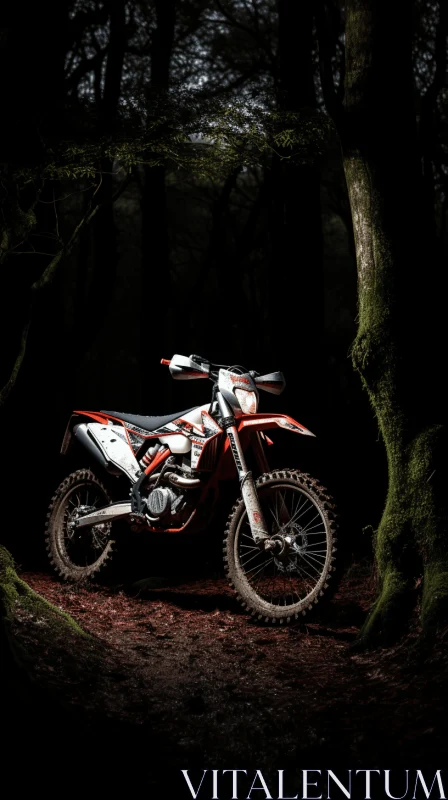 Captivating Forest Still Life: Black and White Dirt Bike in Dramatic Lighting AI Image