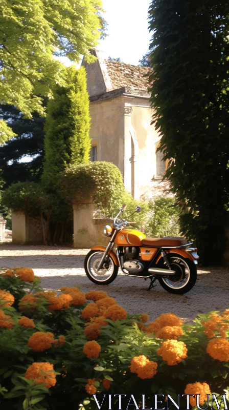 Motorcycle Parked Near Trees - Timeless Elegance in the French Countryside AI Image