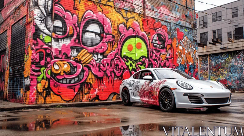 Colorful Graffiti: Porsche 911 Cayenne Parked in Front of Graffiti-Covered Building AI Image