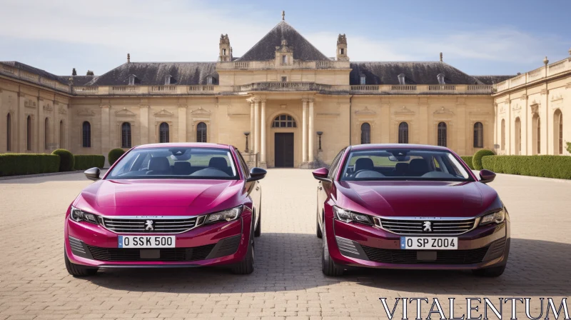 Luxurious Pink Cars Parked in Front of a Grand Building AI Image