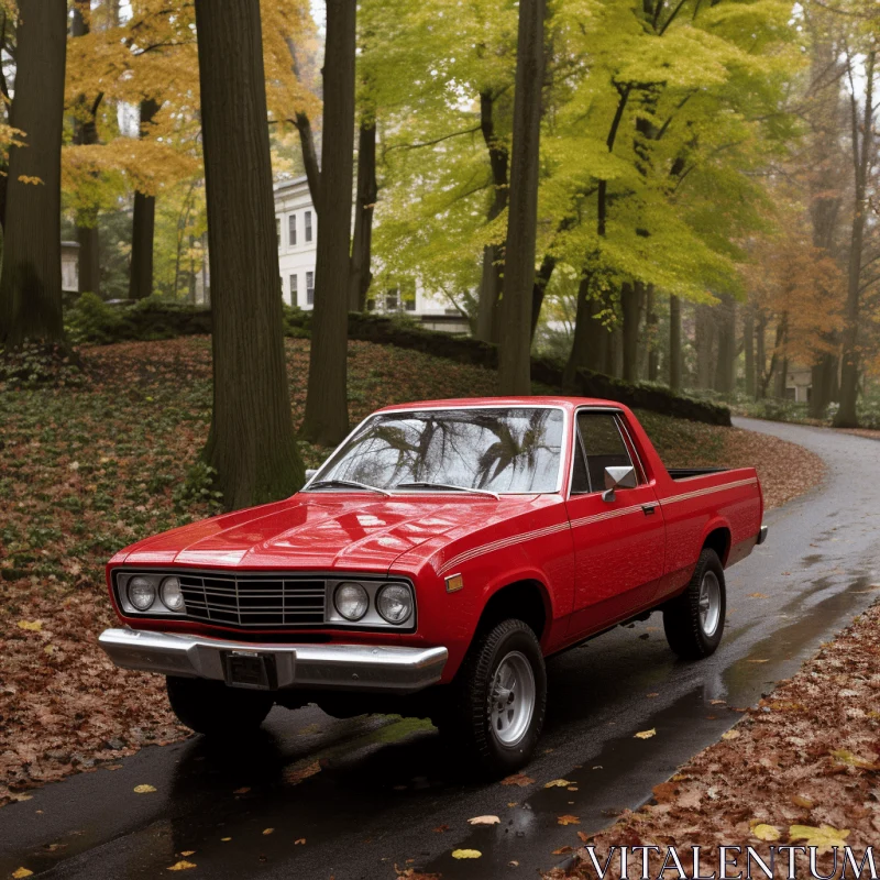 Red Truck Driving Down Driveway in Autumn | Classic Americana AI Image