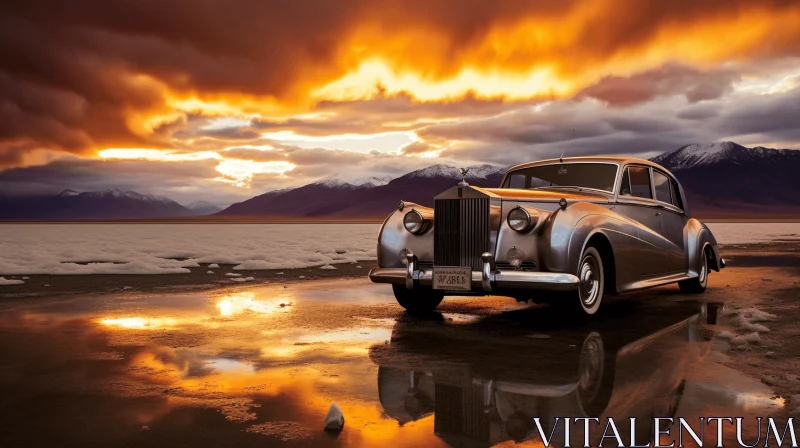 Silver Rolls Royce Car in Field with Majestic Clouds | Serene Reflections AI Image