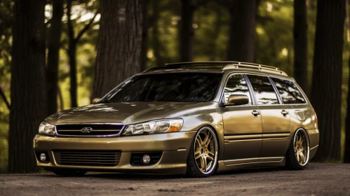 Gold Wagon Parked in Woods with Large Rims | Precisionism Influence | Minimalistic Japanese
