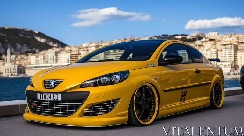Stunning Yellow Car with Black Wheels Parked on a Scenic Street AI Image