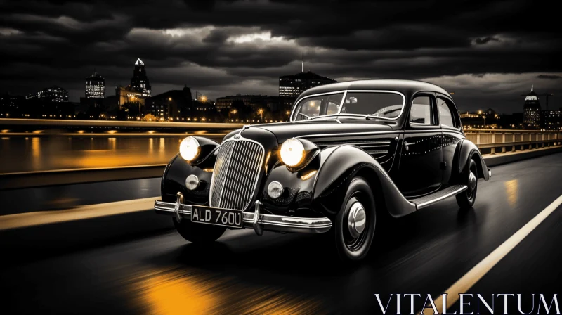 Vintage Car Driving on a Dark Night | Classic Elegance AI Image