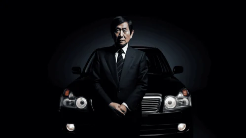 Captivating Image of a Businessman with a Black Car - Shin Hanga Style