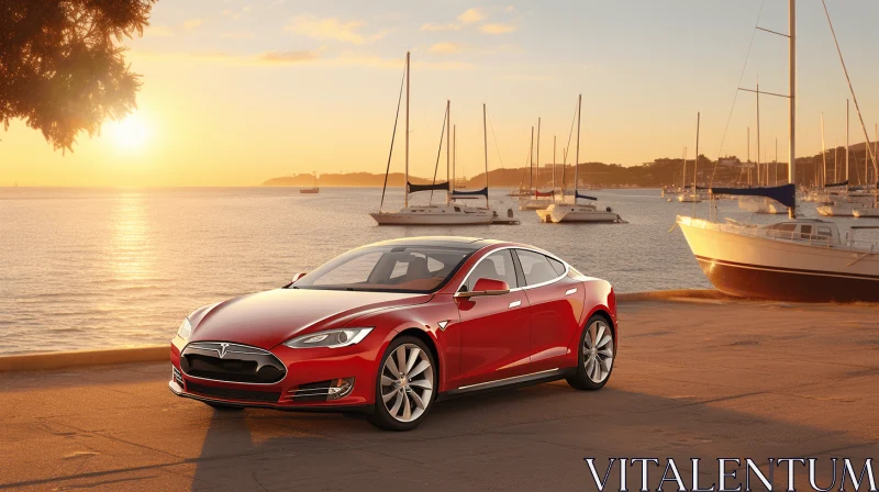 Red Tesla Model S at the Beach: A Realistic Still Life with Dramatic Lighting AI Image